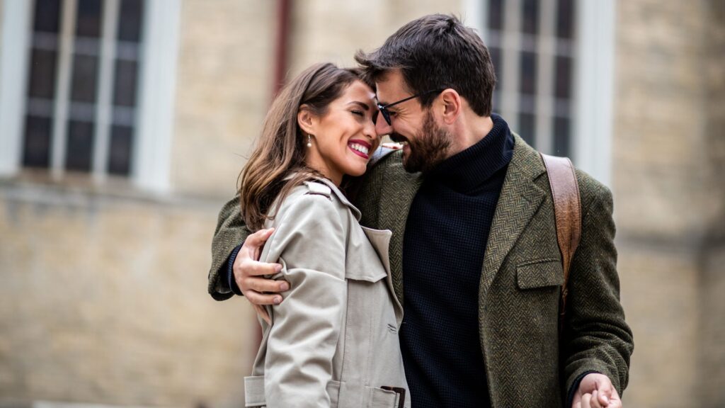 Instant chemistry with someone shown by a couple locking eyes across a table